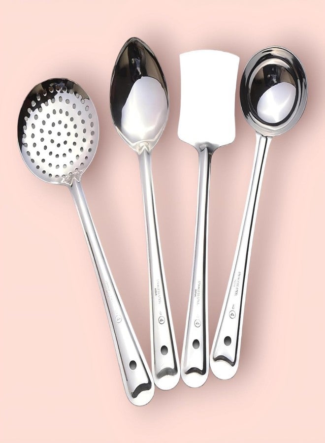 STARXDEAL 4pc Silver Stainless Steel Cooking Spoon Set, Silver, Contains - Frying Ladle, Serving Spoon, Turner Spoon, Curry Ladle - Image 2
